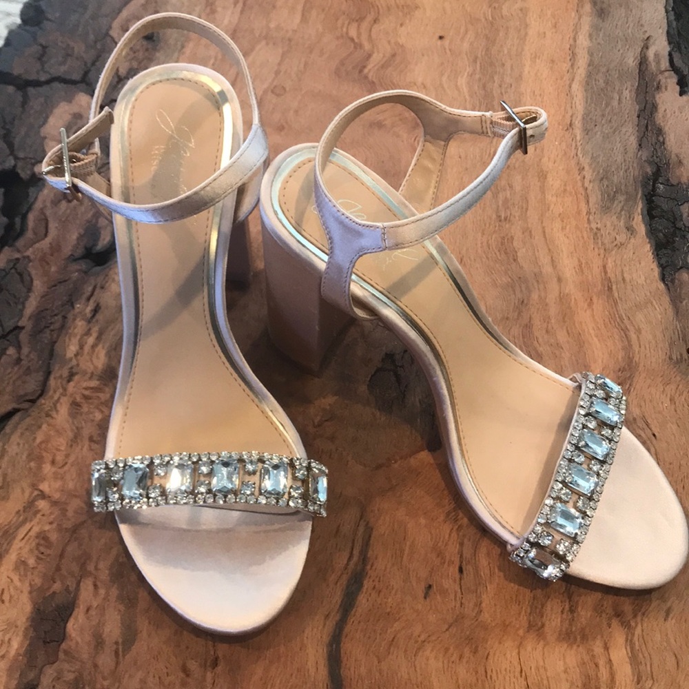 Badgley Mishka champagne block heels.